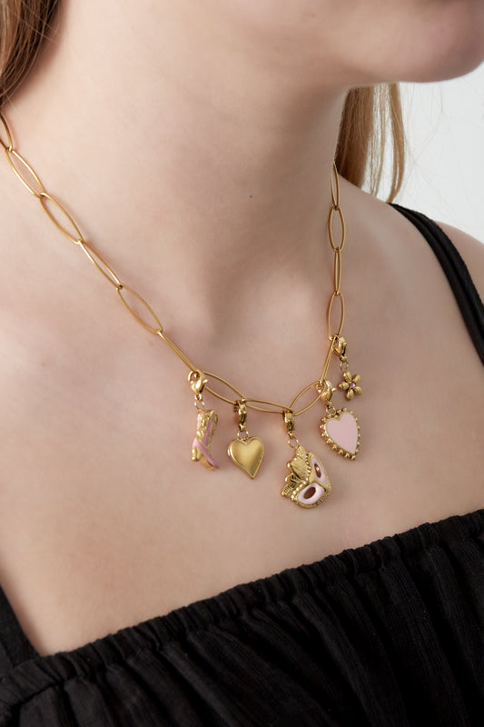 Necklace with pink heart and bag charm