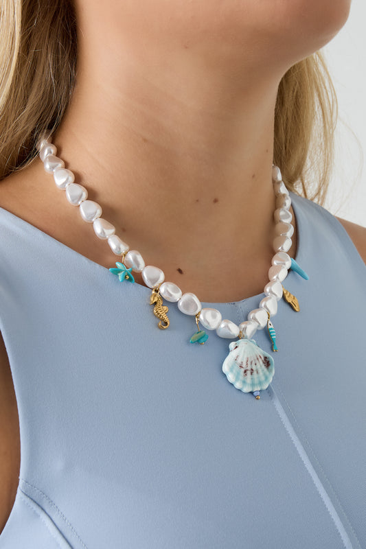 Pearl necklace with colorful charms