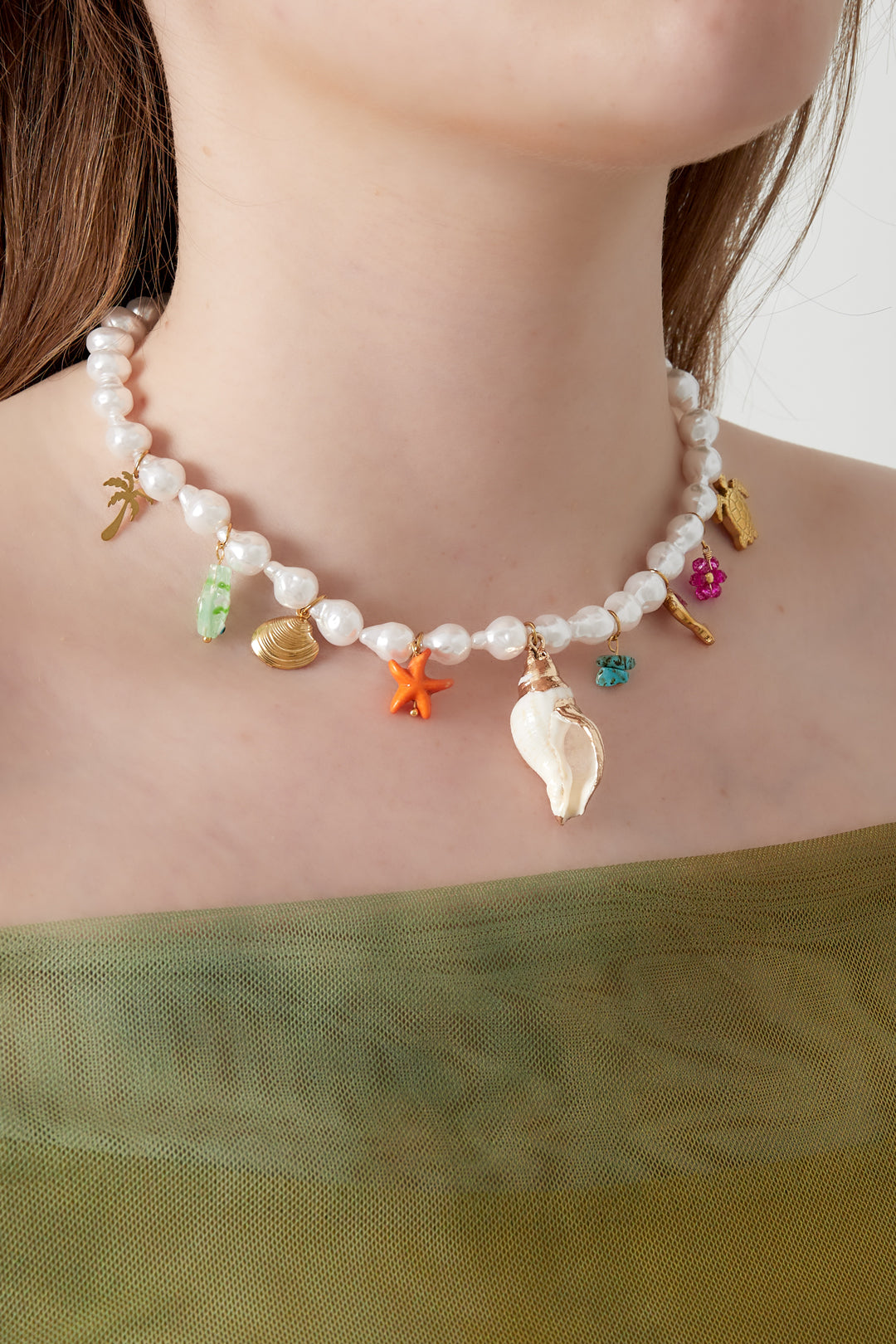 Necklace with pearl beads and summer charms