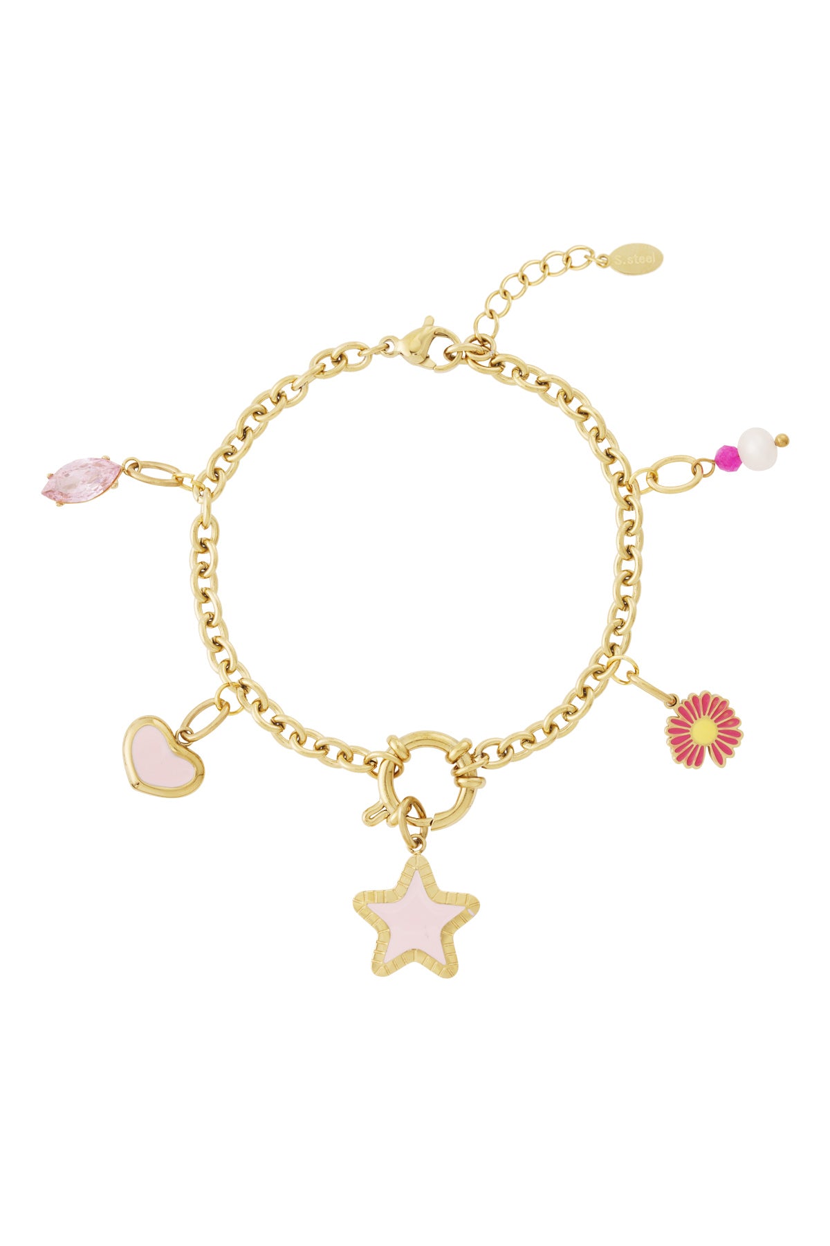 Snyggt armband i rosa med lekfulla berlocker