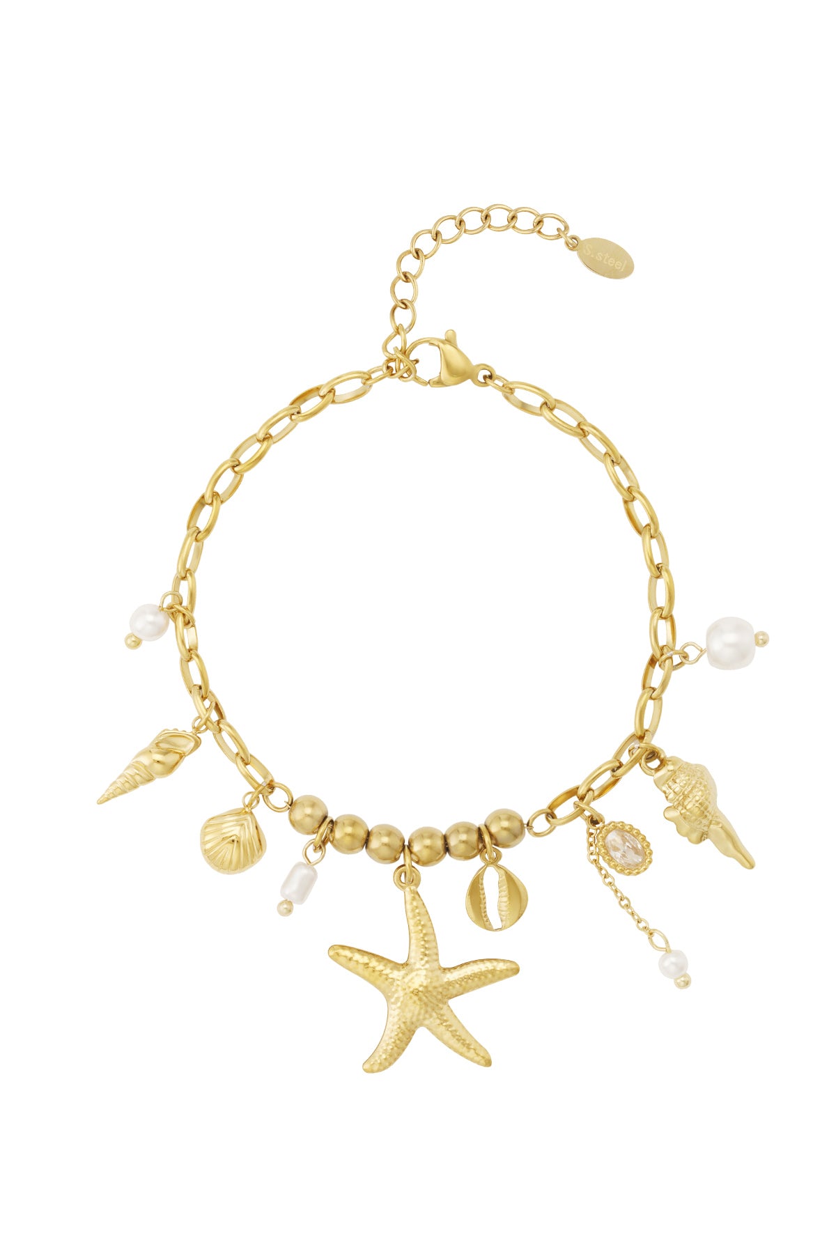 Golden beach charm bracelet with pearls & shells