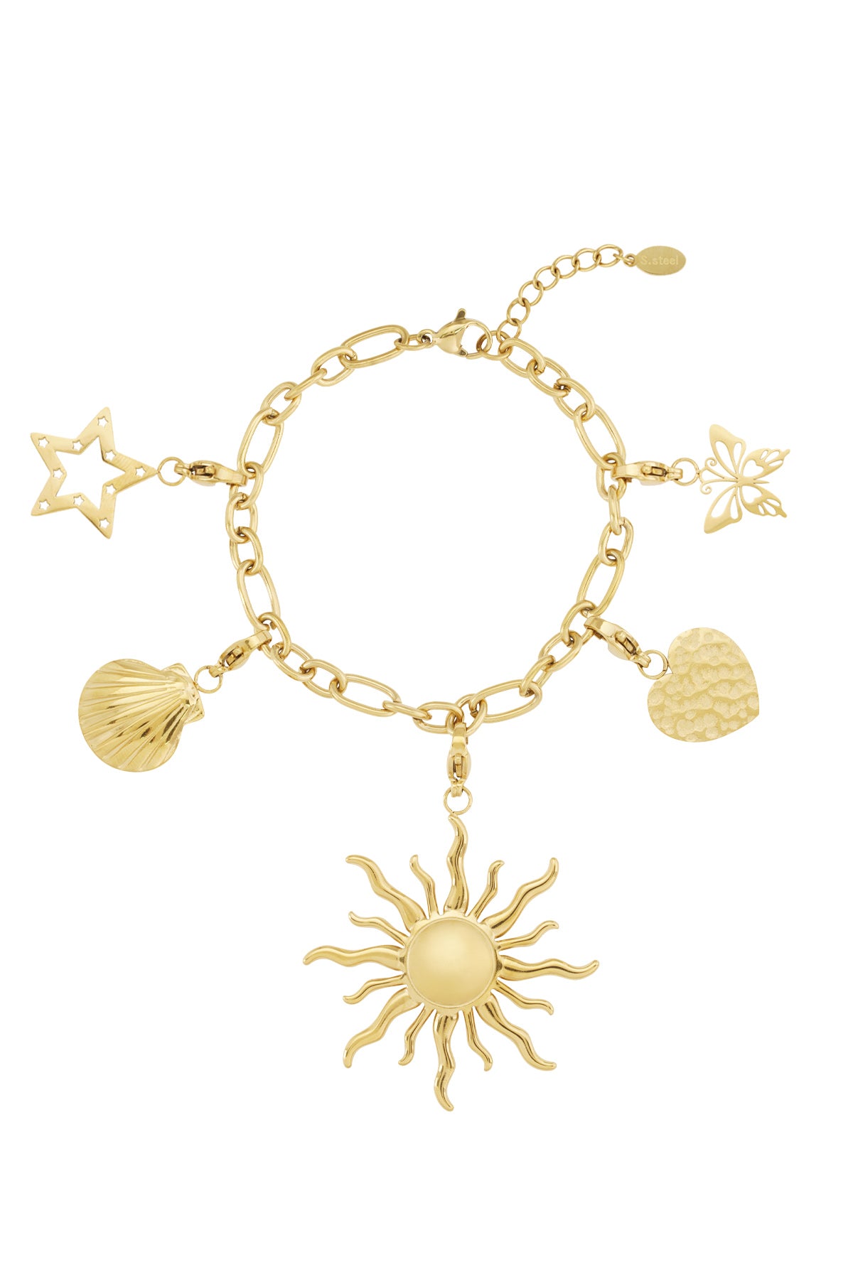 Golden sun charm bracelet with radiant pendants