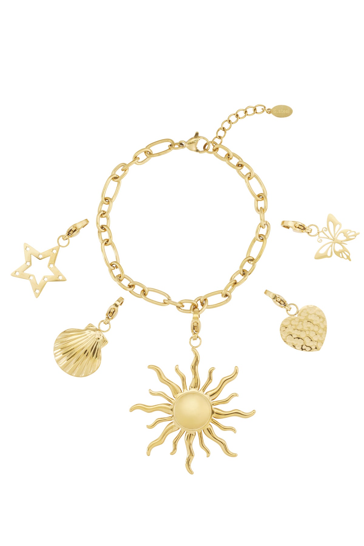 Golden sun charm bracelet with radiant pendants